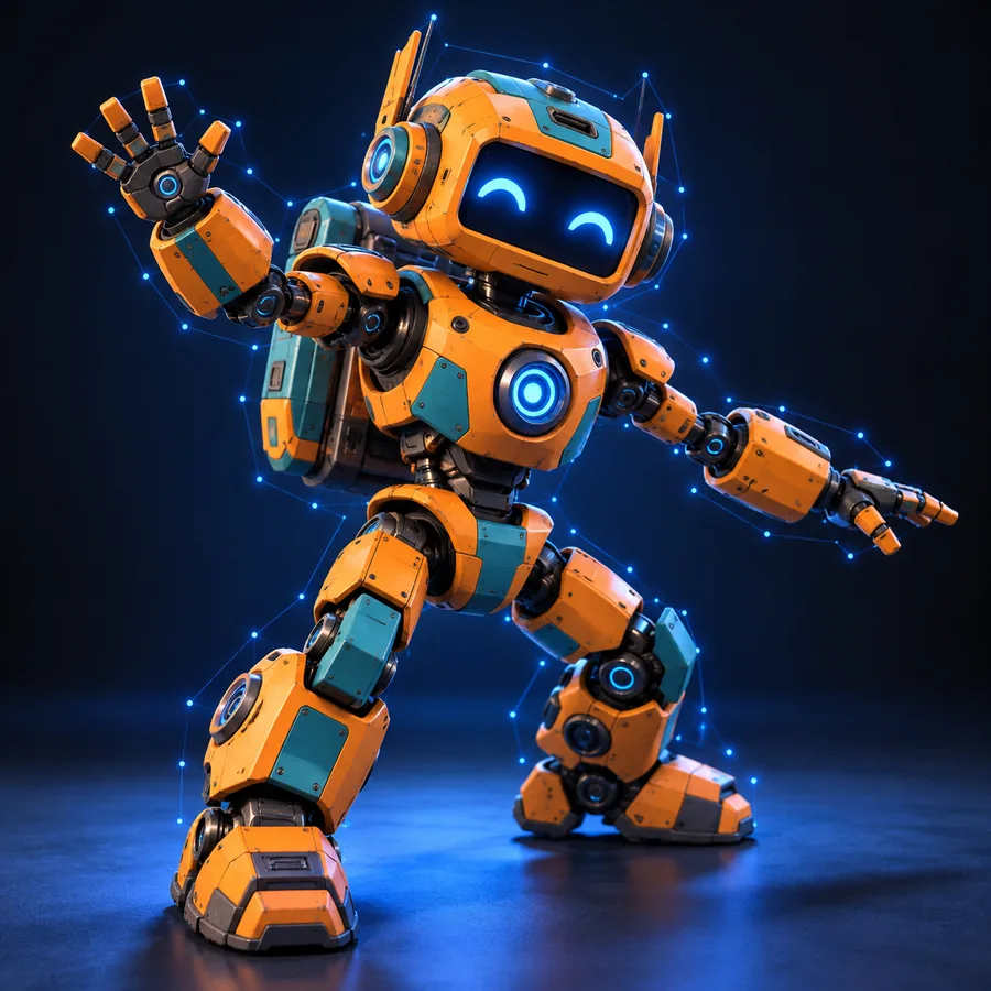 Orange humanoid robot with articulated limbs and glowing blue accents, posed in a dark studio.