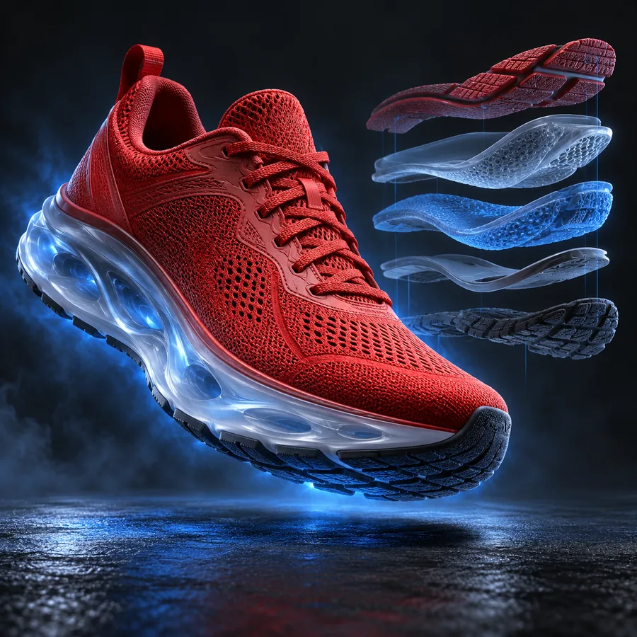 Red athletic sneaker with exposed layered soles shown as a 3D product concept.