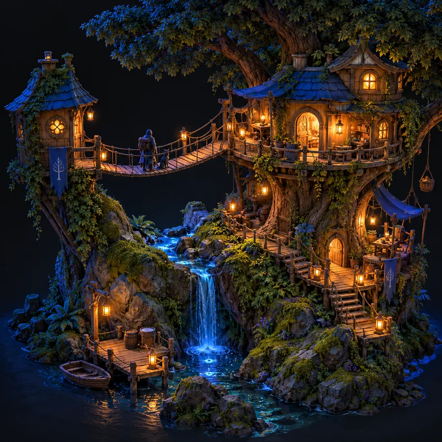 Fantasy treehouse village connected by bridges around a glowing waterfall.