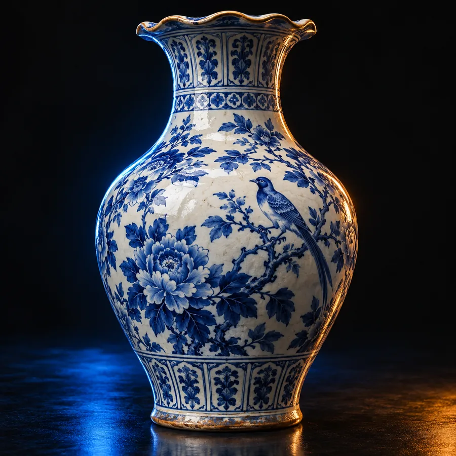 Blue-and-white porcelain vase decorated with flowers and a bird.