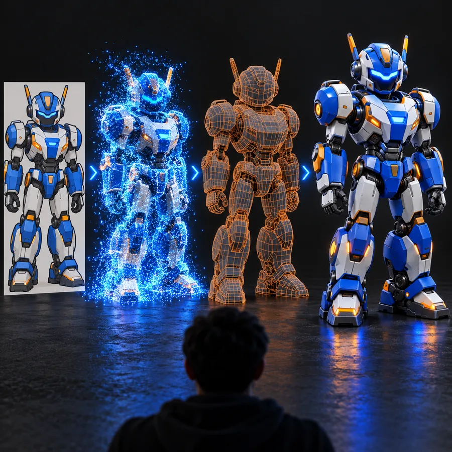 Blue-and-white robot shown as a reference, particle transition, wireframe, and finished 3D model.