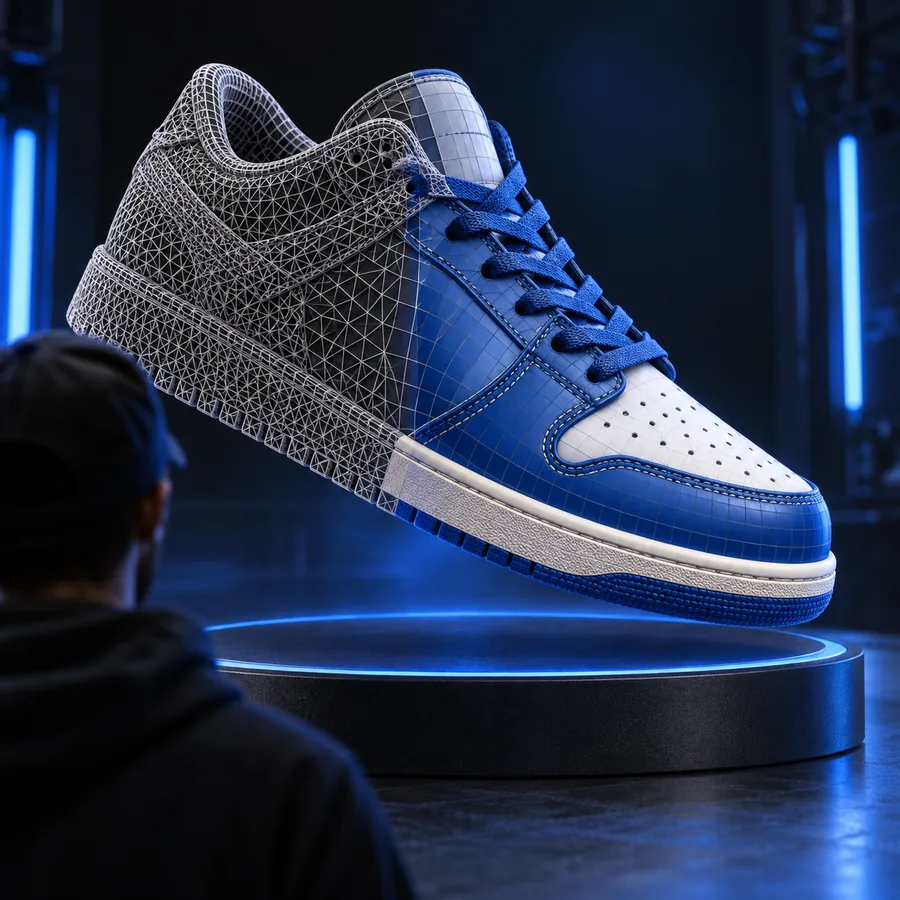 Blue-and-white sneaker transitioning from wireframe geometry to a solid 3D model.