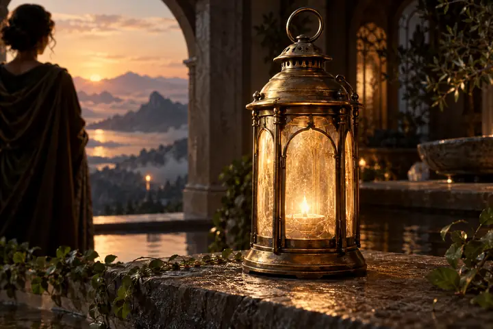 An antique brass lantern with glowing glass, presented as a detailed studio object.