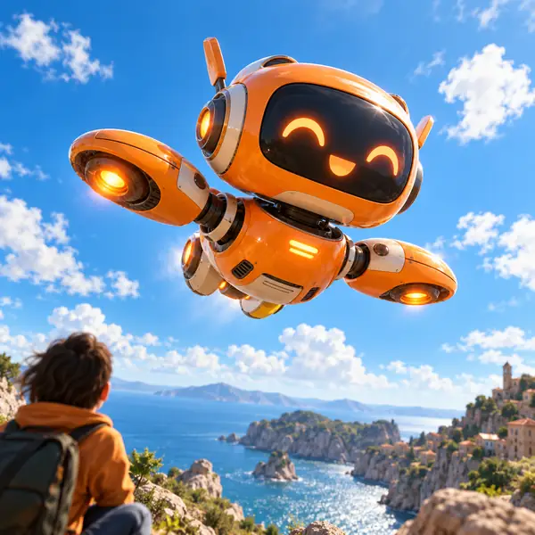 A cheerful orange flying toy robot against a bright blue sky with small white clouds, framed as a square source image.