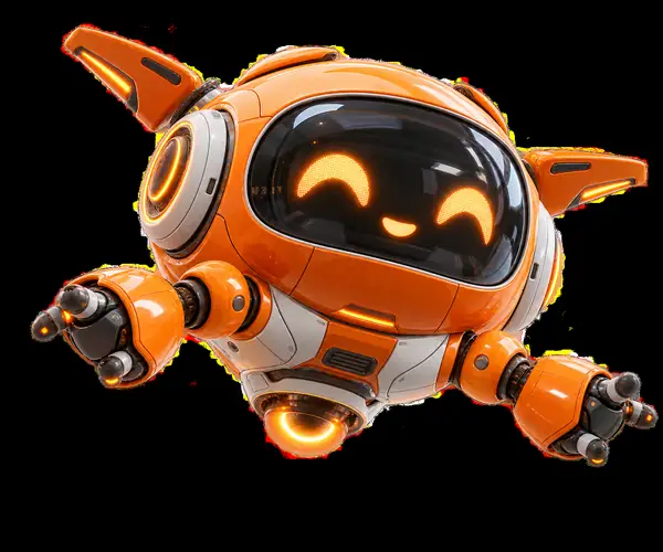 The same cheerful orange flying robot isolated against a transparent background as a dimensional product render.