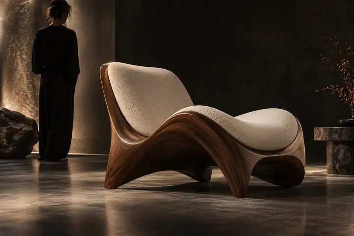 A sculptural walnut and cream lounge chair photographed against a dark studio backdrop.
