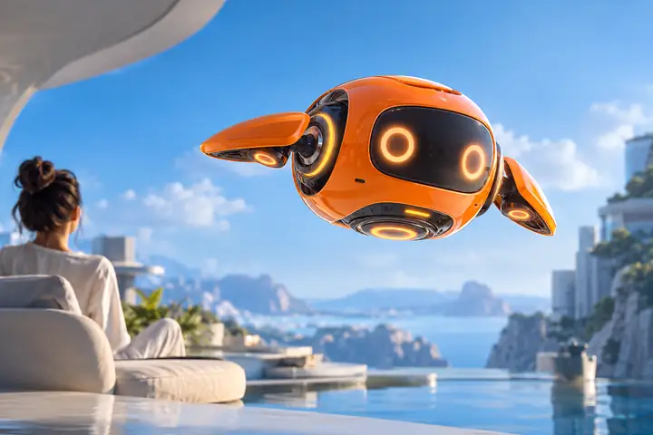A small glossy orange flying robot, shown as a polished product model against a blue background.
