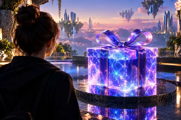 A luminous blue and violet gift box with a ribbon, rendered in a playful three-dimensional style.