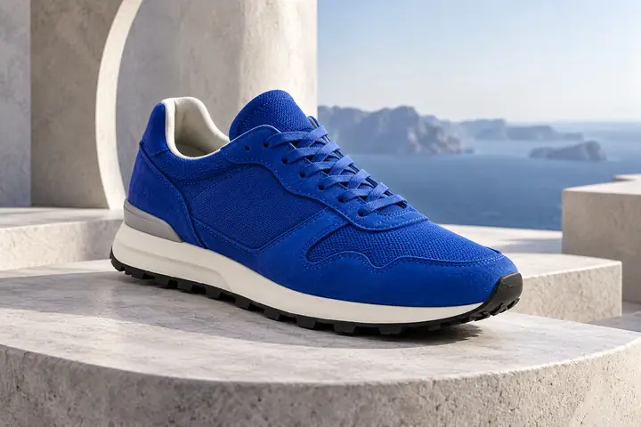 A cobalt blue retro running sneaker in a crisp three-quarter studio view.