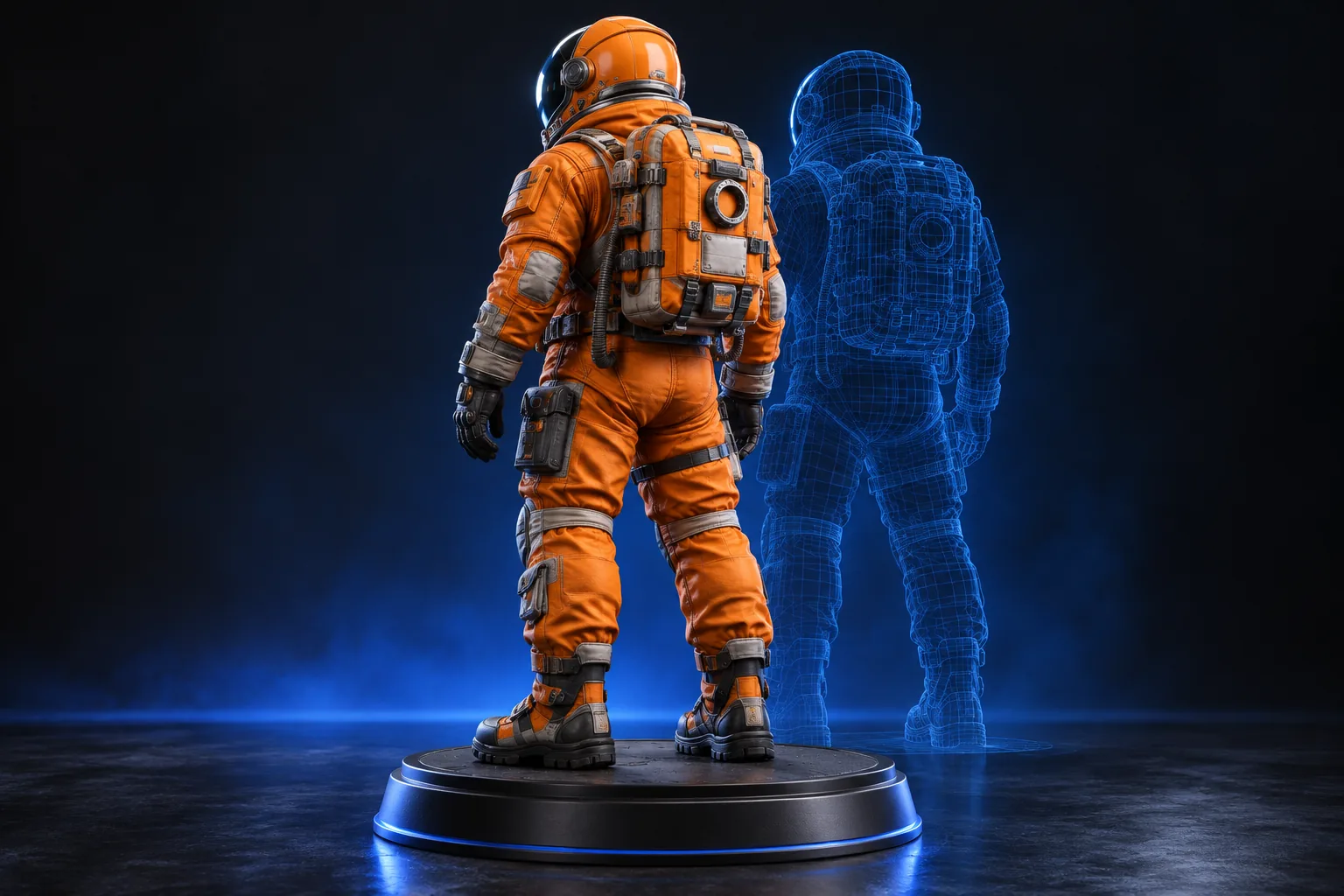 Orange astronaut standing beside a blue wireframe version on a lit display pedestal.