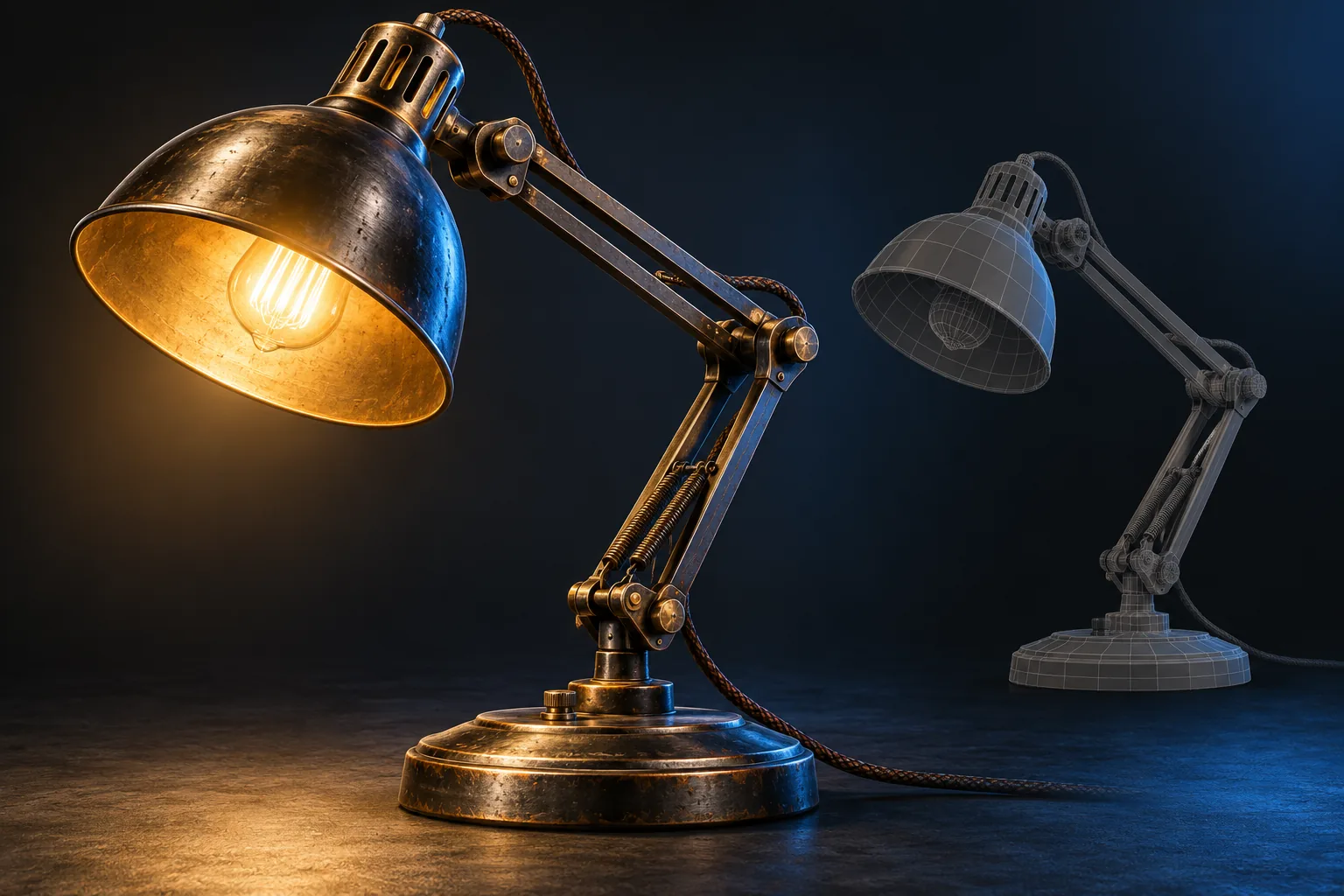 Antique brass desk lamp paired with a gray wireframe model on a dark studio floor.
